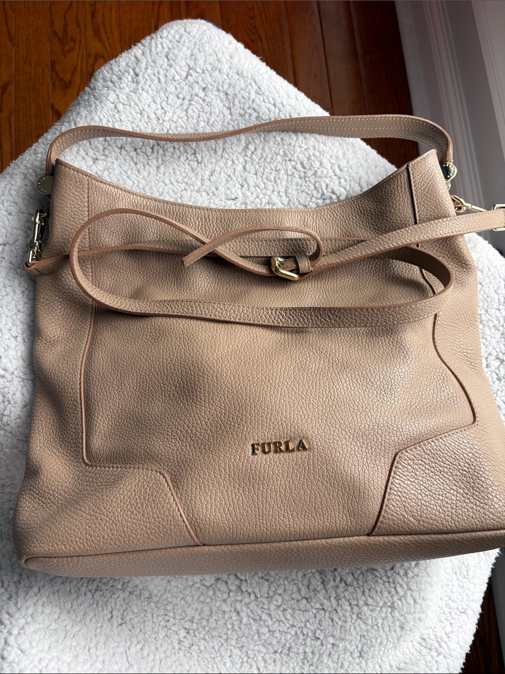 Furla Michelle Medium Pebbled Calfskin Leather Shoulder/cross Bag in Light Beige